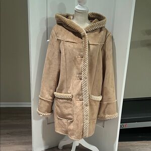 St. John’s Bay Faux Suede Tan Hooded Women's Coat. Barely Worn